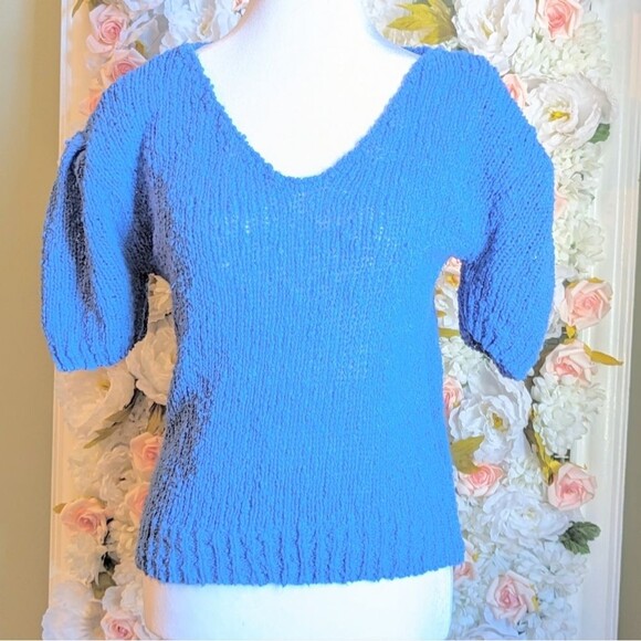Clovelly 80s Vtg Blue Chunky V-Neck Sweater Tee Shoulder Pads Size Medium - Picture 9 of 9